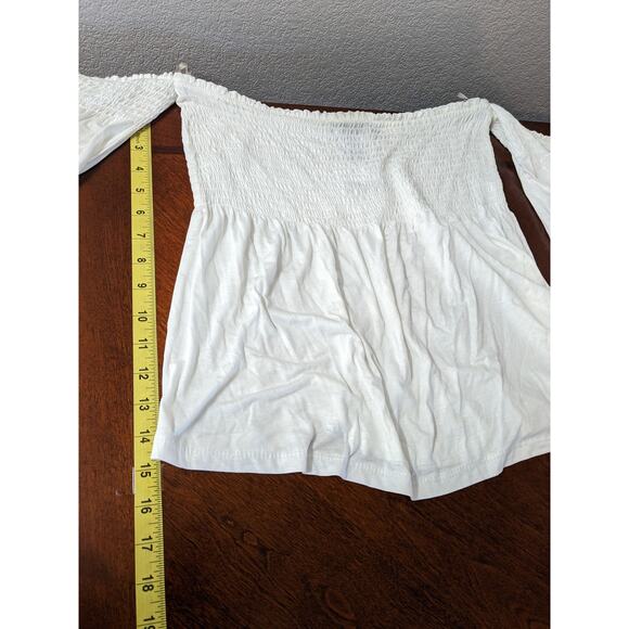 Forever 21 Off Shoulder Blouse Large Ivory Flowy Boho Smocked Summer Top Loose - Picture 8 of 11